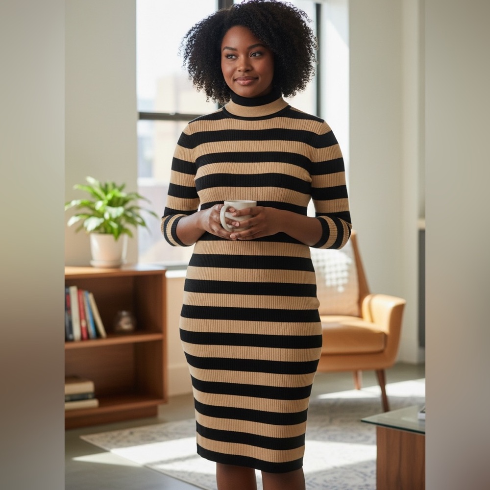 J. Crew Black and Tan Striped Long Sleeve sweater Dress